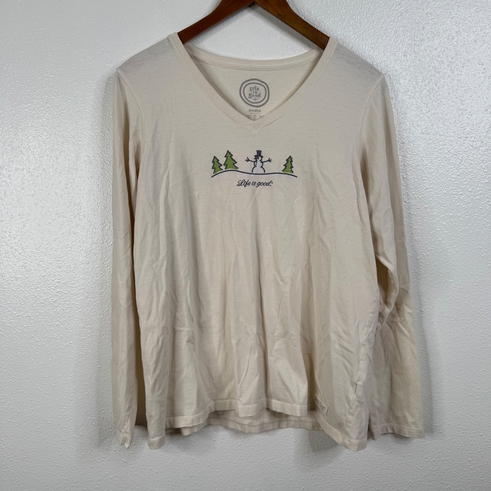 Life is‎ Good Classic Fit Snowman Long Sleeve V-Neck Tee Size Large